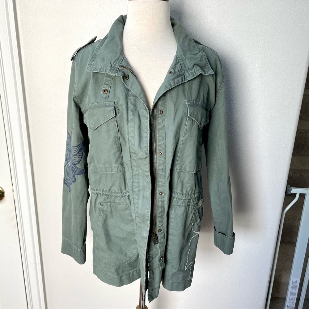 kensie Floral Embroidered Green Utility Jacket